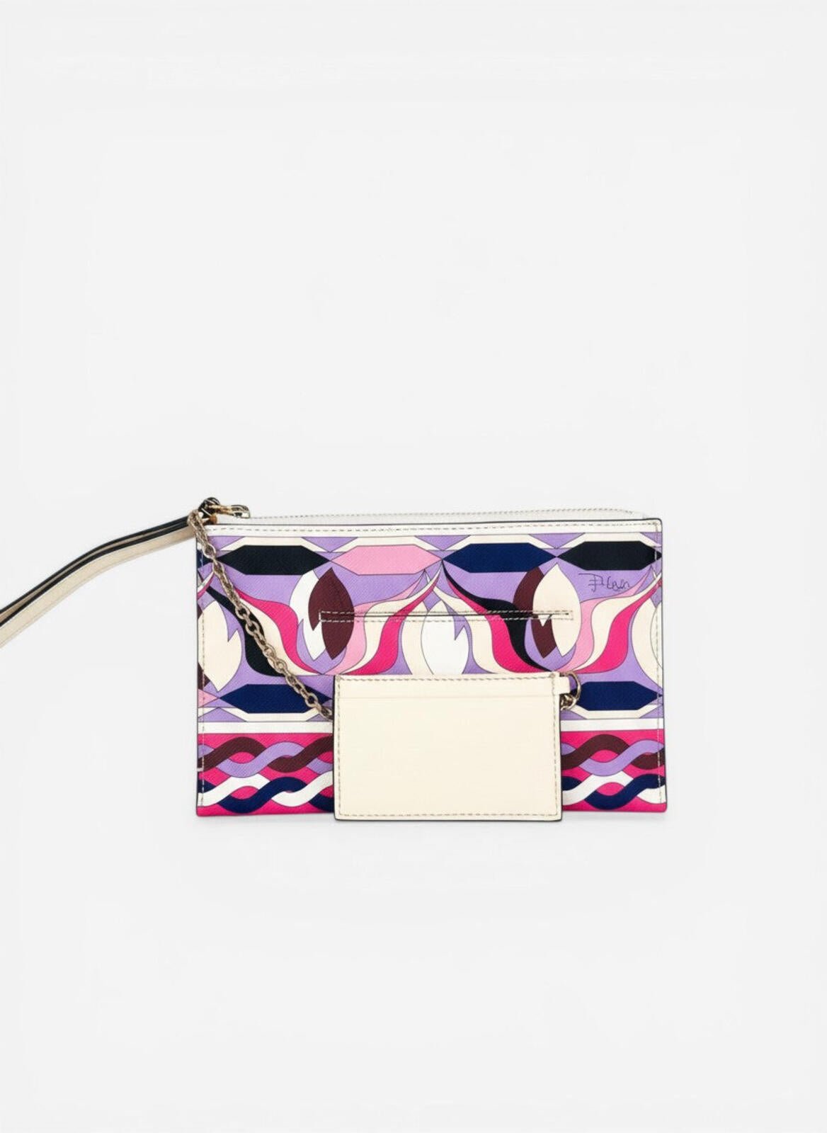 Emilio Pucci Pucci Geometric Print Leather Wristlet Clutch Pink Purple | Card Holder New - Vestir