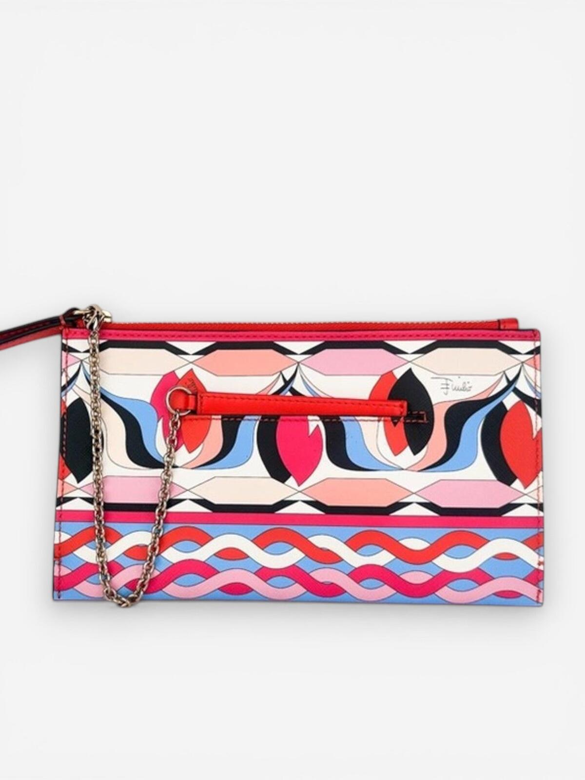Emilio Pucci Pucci Iconic Geometric Print Leather Wristlet Pouch Chain Card Holder New - Vestir