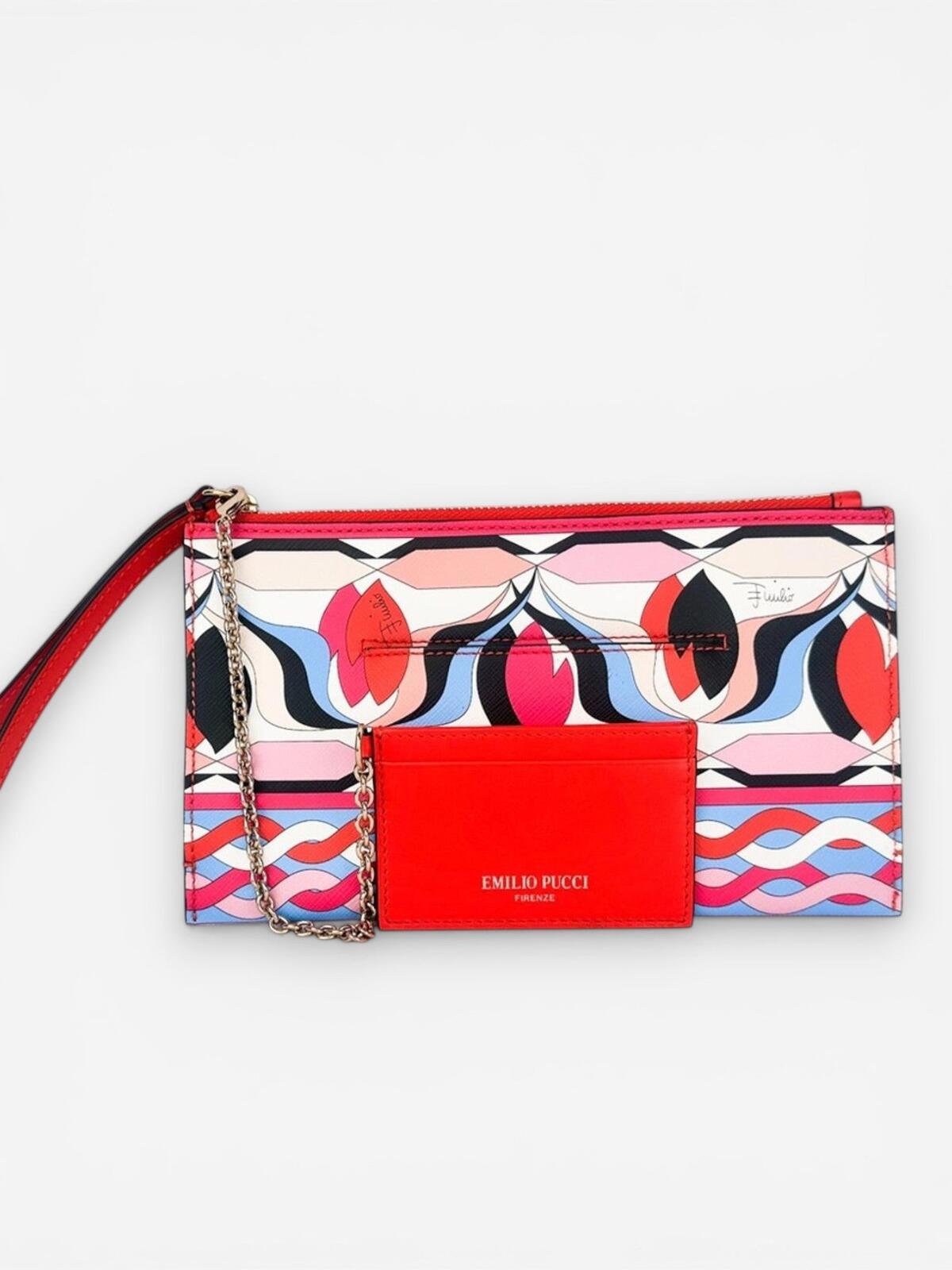 Emilio Pucci Pucci Iconic Geometric Print Leather Wristlet Pouch Chain Card Holder New - Vestir