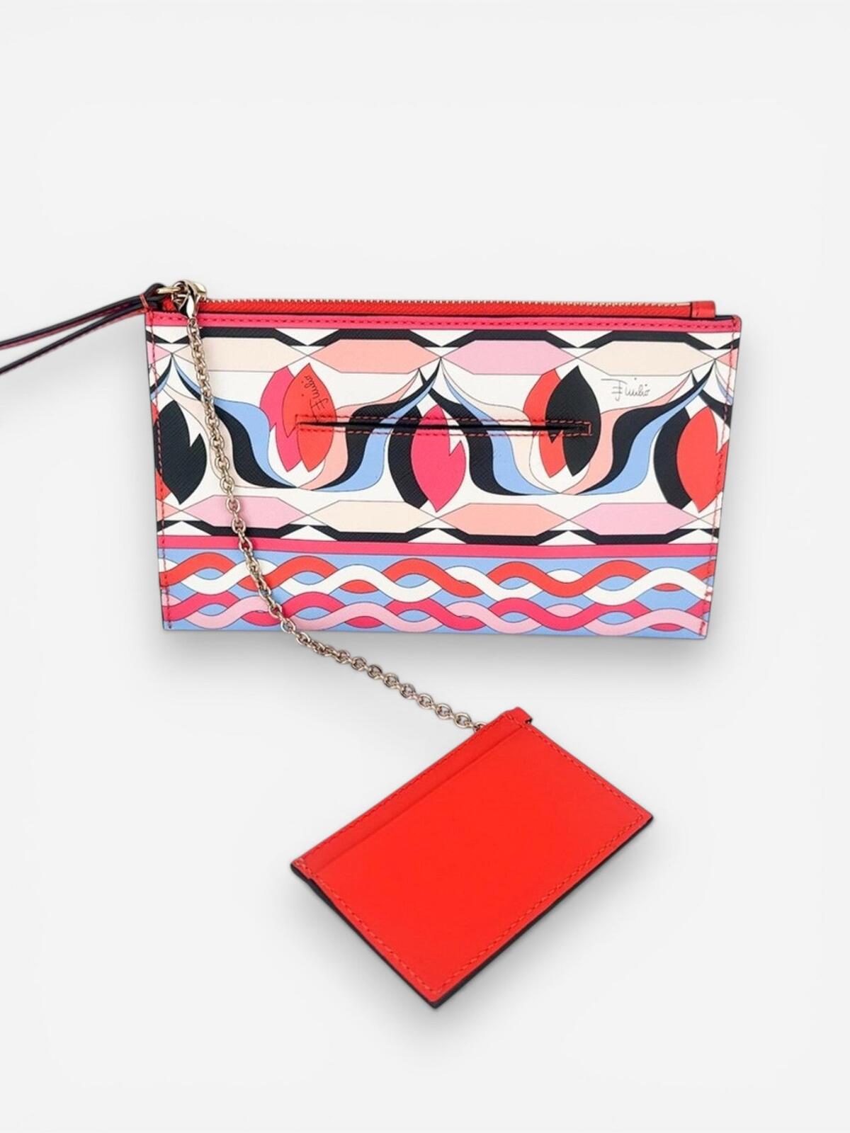 Emilio Pucci Pucci Iconic Geometric Print Leather Wristlet Pouch Chain Card Holder New - Vestir