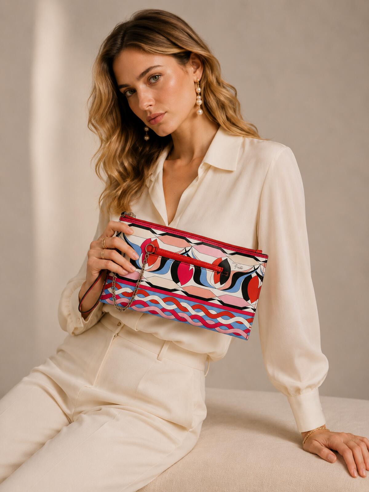 Emilio Pucci Pucci Iconic Geometric Print Leather Wristlet Pouch Chain Card Holder New - Vestir