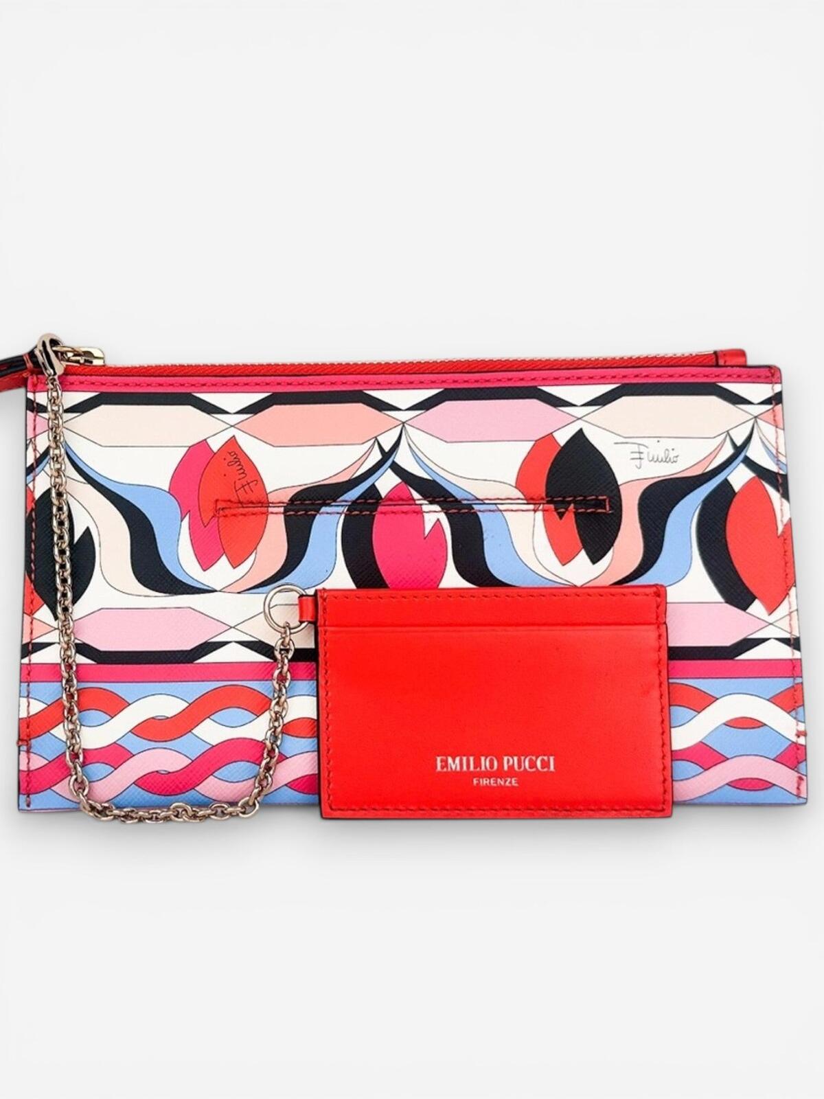 Emilio Pucci Pucci Iconic Geometric Print Leather Wristlet Pouch Chain Card Holder New - Vestir
